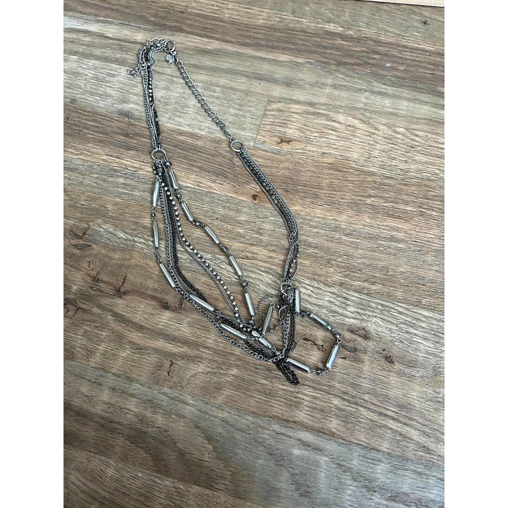 Brushed Silver Tone Box Multi Chain Rhinestone Long Necklace 40"